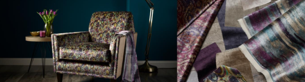 Wemyss New Decades Fabrics, a collection of three versatile and contemporary designs that are printed on a luxurious and glamorous velvet, with a coordinating plain.